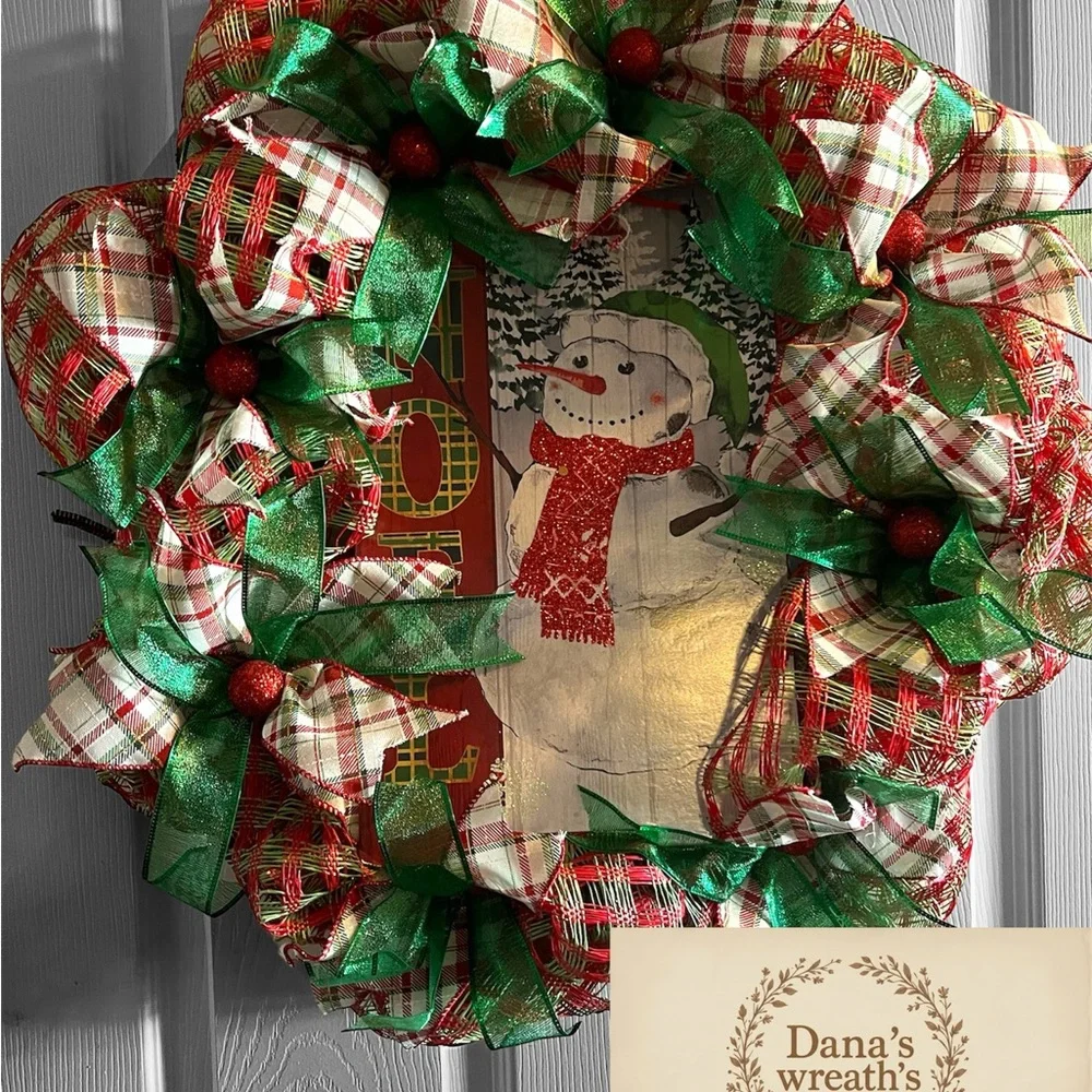 Festive Snowman Holiday Wreath with Red and Green Accents